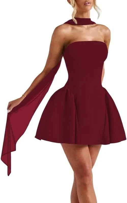 Женское коктейльное платье мини с шарфом Satin, Wine Red