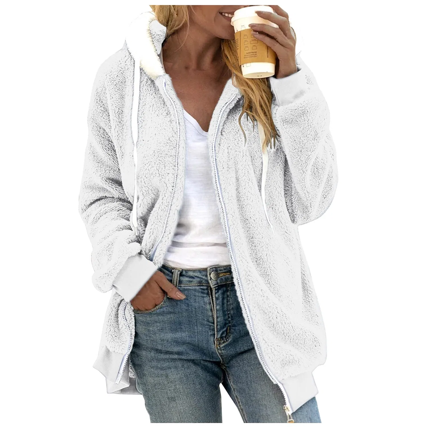 Женская куртка с капюшоном на молнии Warm Plush Coat, bianco