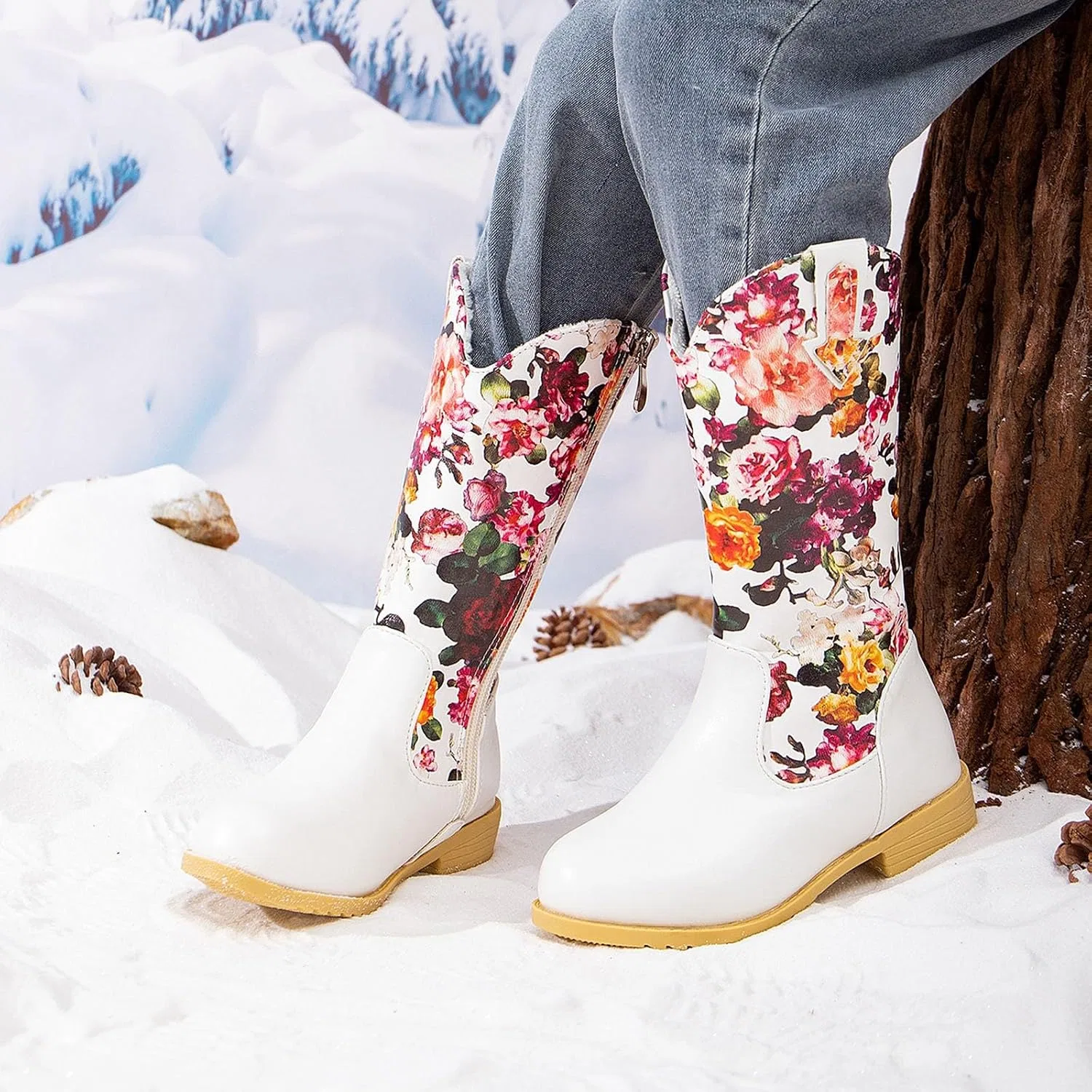 Детские сапоги для девочек с цветочной вышивкой Cowboy Western Boots, White — фото 4