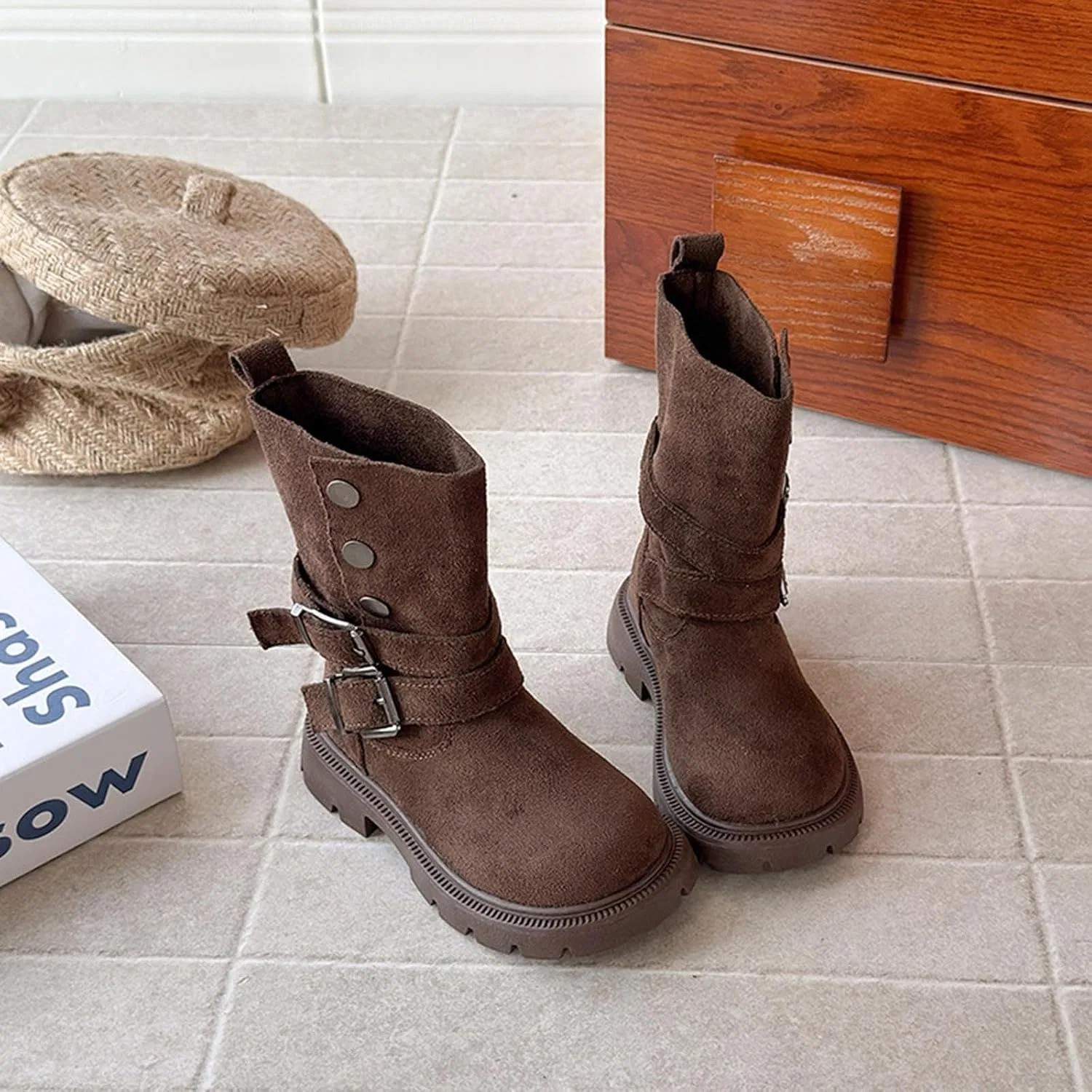 Детские ботинки для девочек с пряжками и заклепками Biker Boots, Coffee — фото 2
