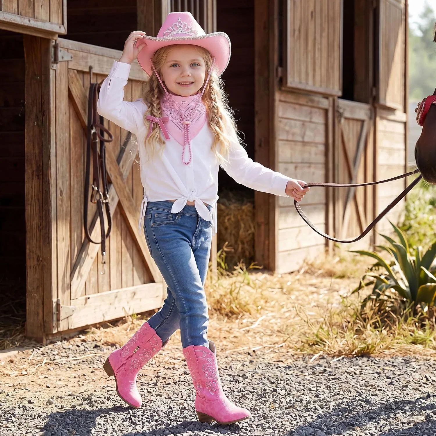 Детские сапоги для девочек с вышивкой Cowgirl Boots LAURMOSA, Pink — фото 3