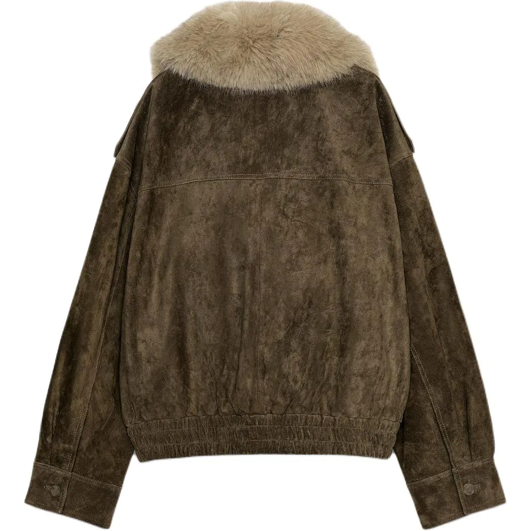 Женская кожаная куртка с лацканами Khaki Lapel ZARA, Хаки — фото 3