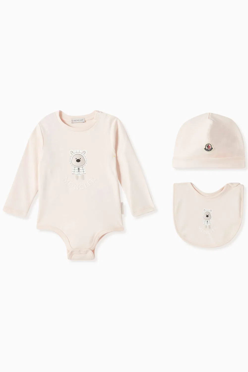 Комплект детский из хлопка с нагрудником и шапочкой Moncler Enfant, розовый