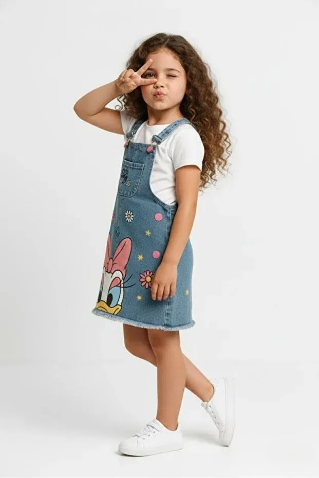 Детское платье-сарафан джинсовое с принтом Girls' denim dungaree dress cute duck design denim model, Furyatex, Blue — фото 3