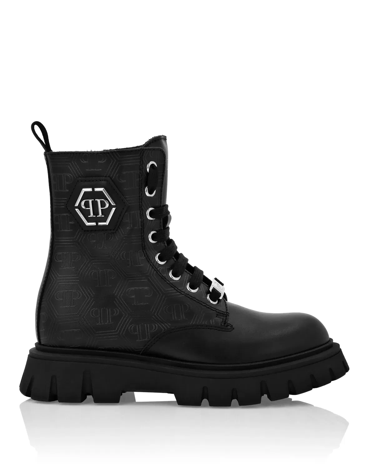 Детские кожаные ботинки на шнуровке с логотипом Hexagon Monogram PHILIPP PLEIN, черный — фото 2