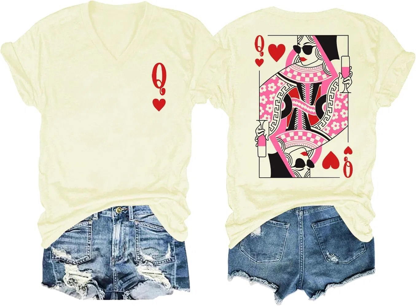 Женская футболка с принтом V-образным вырезом Heart Queen, Creamy Yellow