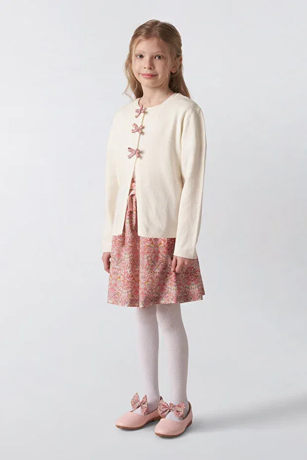 Детский кардиган для девочек с длинным рукавом Liberty Fabric Ribbon Detailed Panço, Ekru — фото 2
