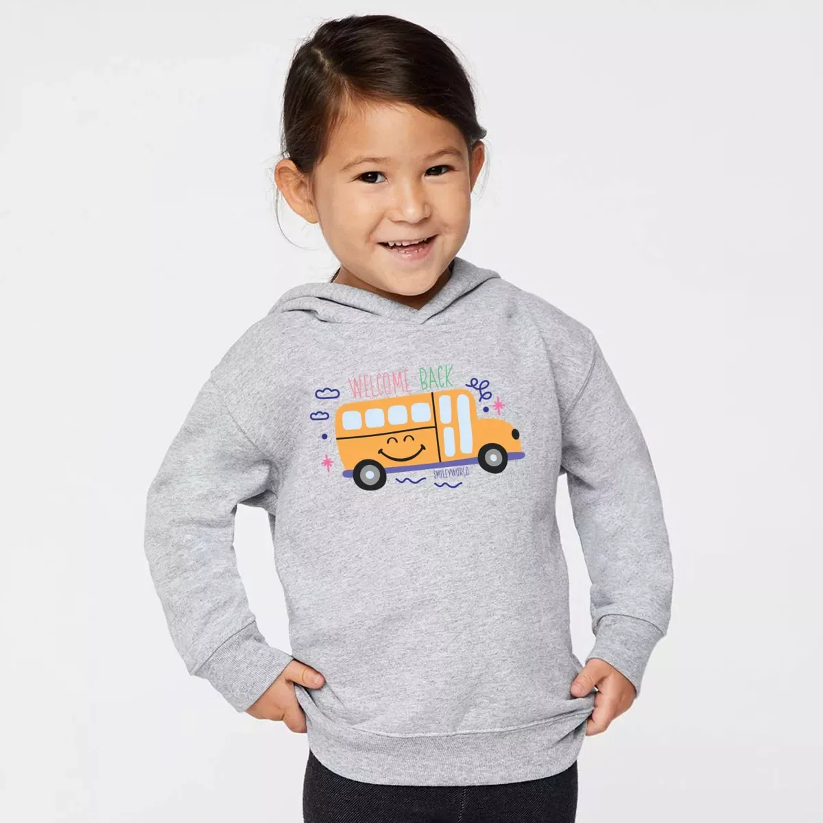 Детское худи с принтом SmileyWorld Welcome Back Bus The Juniper Shop, Heather Grey — фото 3