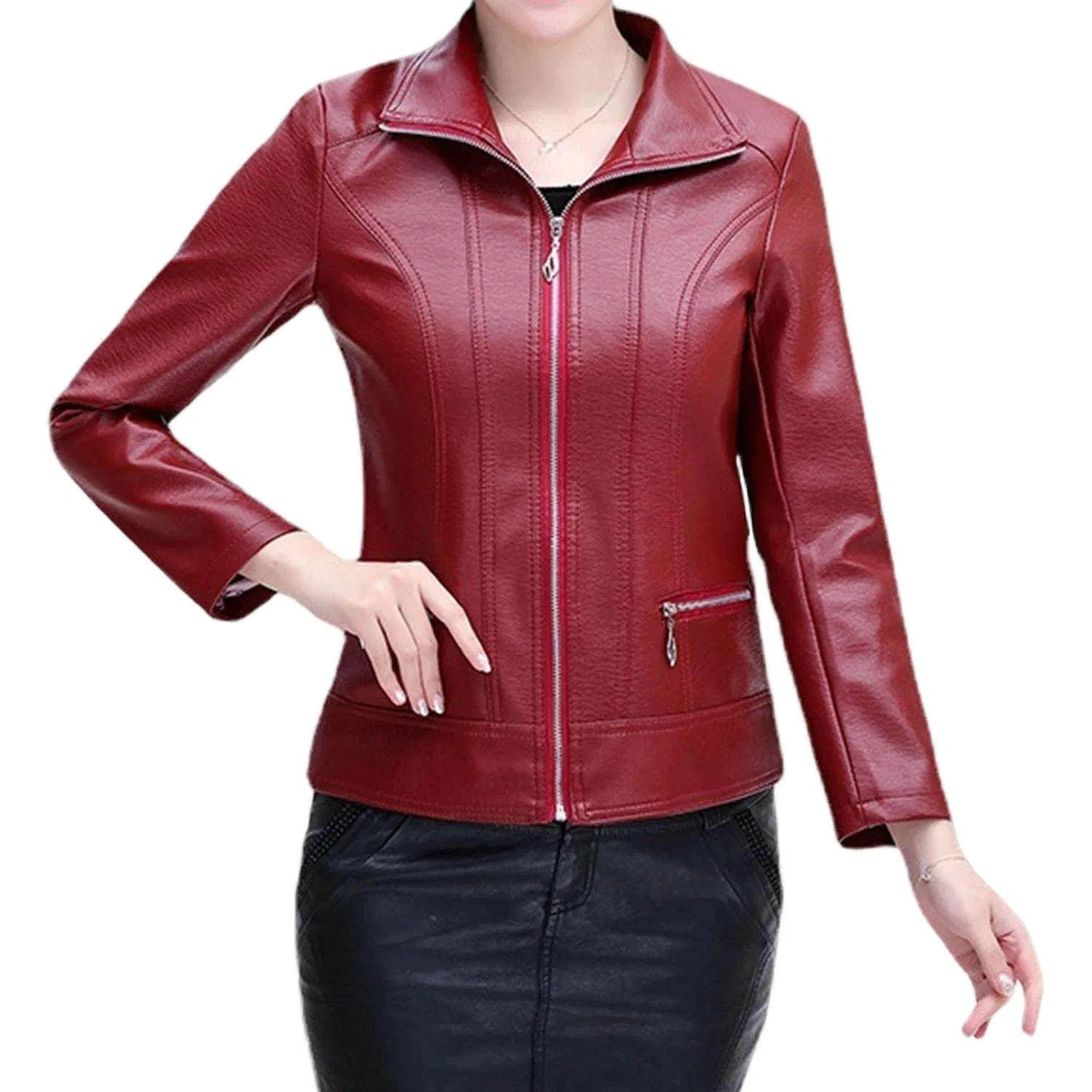 Женская куртка из экокожи, короткая, casual, Rosso