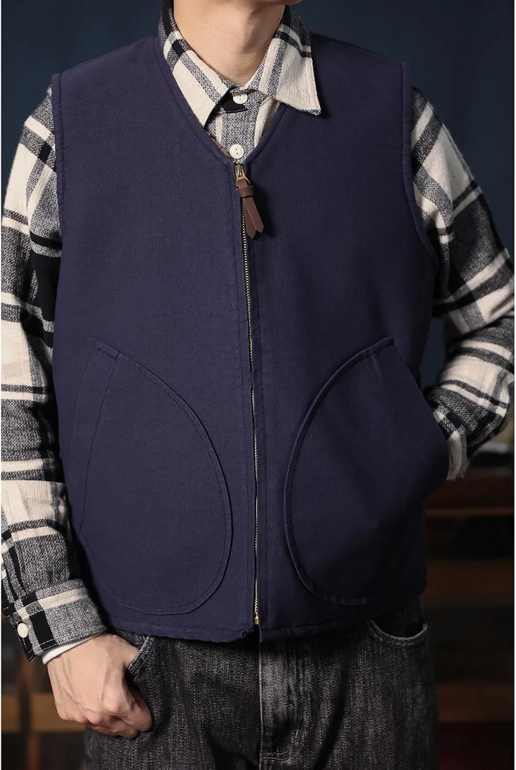 Мужская куртка-жилет с V-образным вырезом на молнии, Vintage, тёмно-синий — фото 2