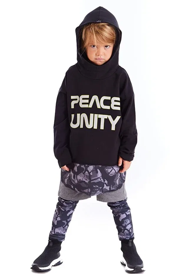 Детские свитшот для мальчиков с принтом Unity Slogan Printed Hooded Boys' Sweatshirt Colorinas, Black