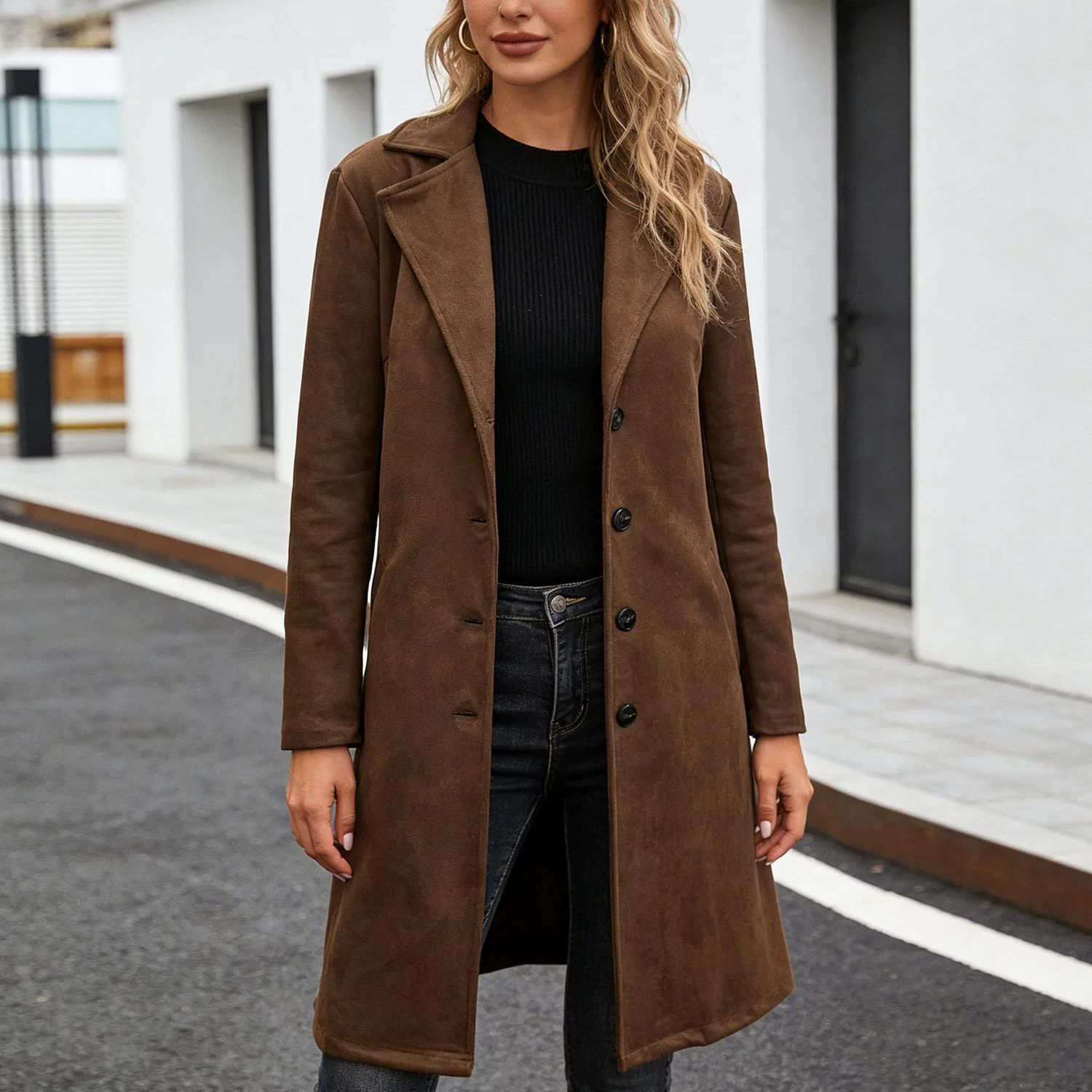 Женское пальто из искусственной кожи с длинным рукавом Oversize, dark brown — фото 3