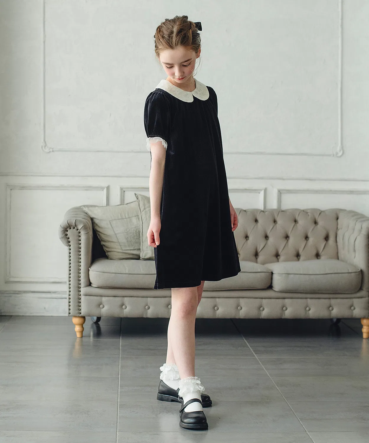 Детское платье из вельвета с блестками и круглым воротником Spangle DRESCCO, Black — фото 2