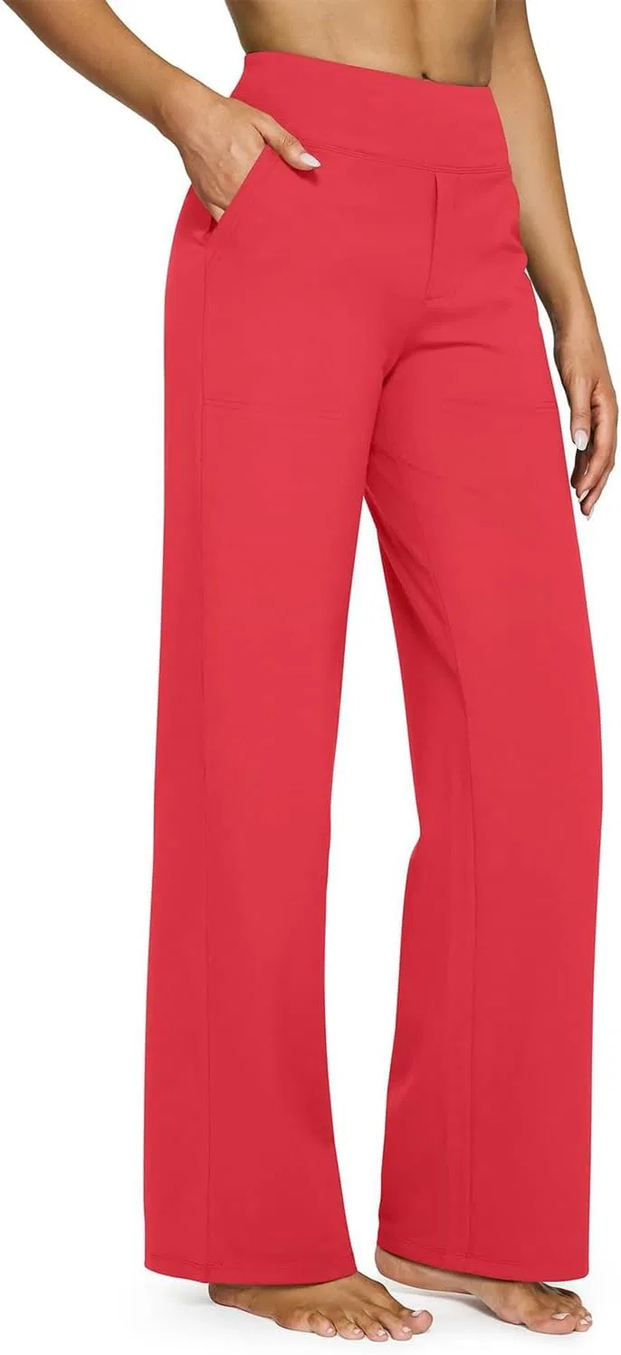 Брюки прямые с карманами, Polyester, Spandex, Red