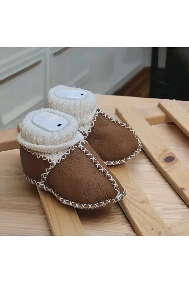 Детские домашние тапочки из натуральной кожи для новорожденных Bebeğime Çorap, Brown