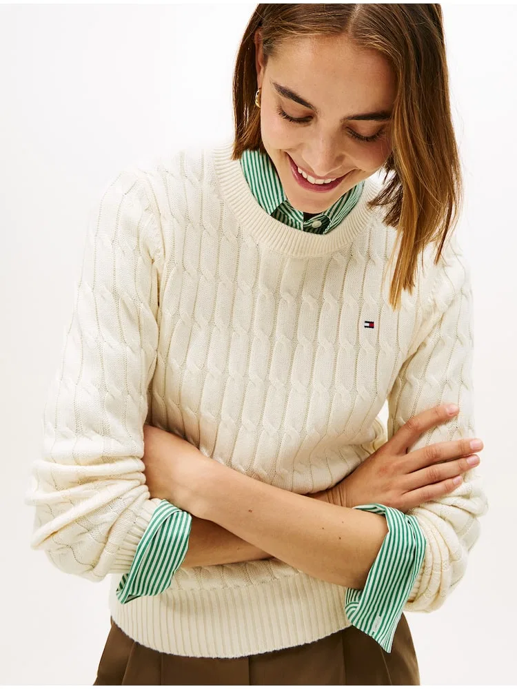 Джемпер хлопковый кабельный вязаный TOMMY HILFIGER, Beige — фото 2