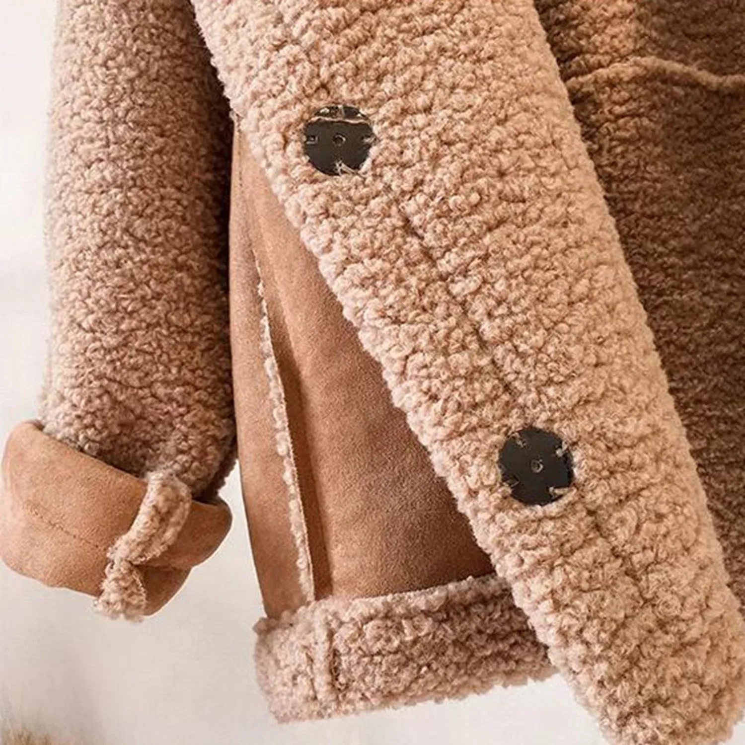 Женское пальто из овчины с пуговицами Lambswool Sheepskin, Dark Khaki — фото 4