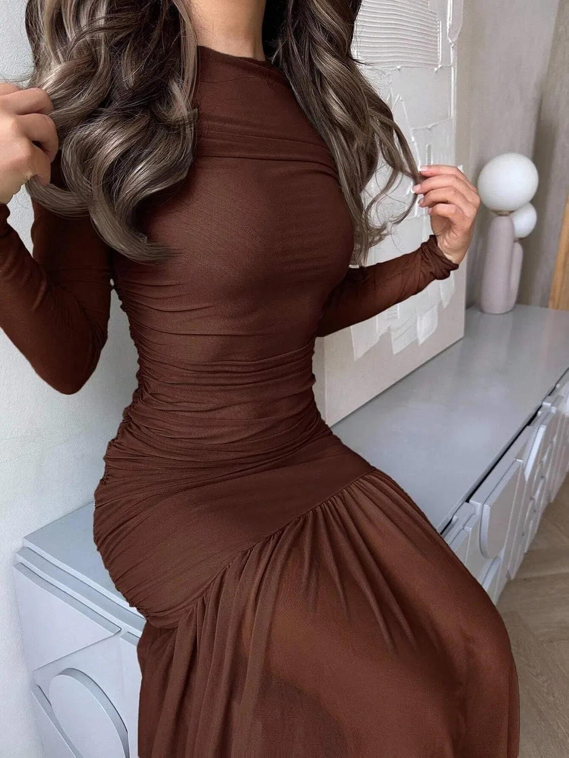 Женское повседневное платье миди с длинным рукавом, Chocolate Brown — фото 4
