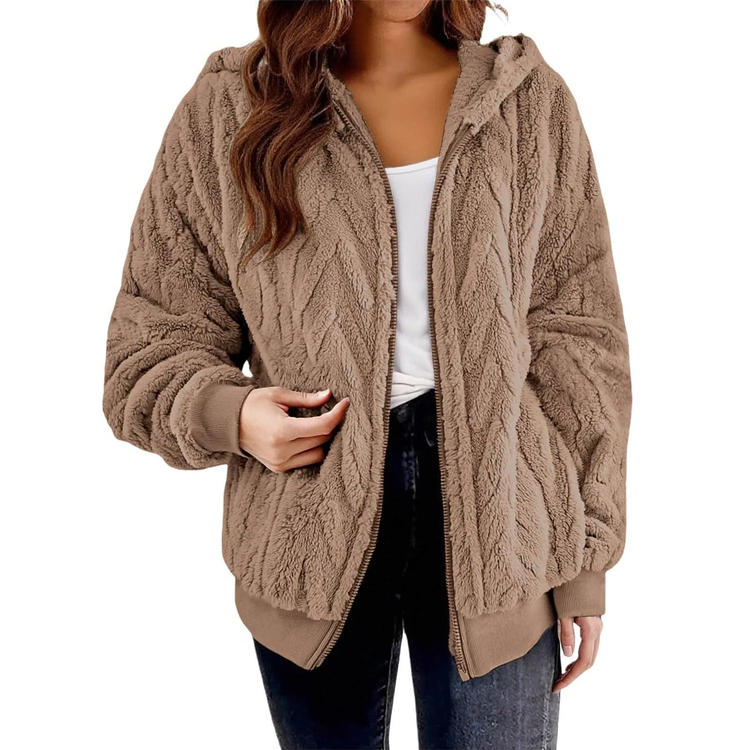 Женское зимнее пальто из флиса с капюшоном Oversize, cachi