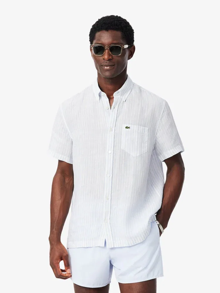 Рубашка Lacoste с коротким рукавом в полоску, 100% лен, Royal синий