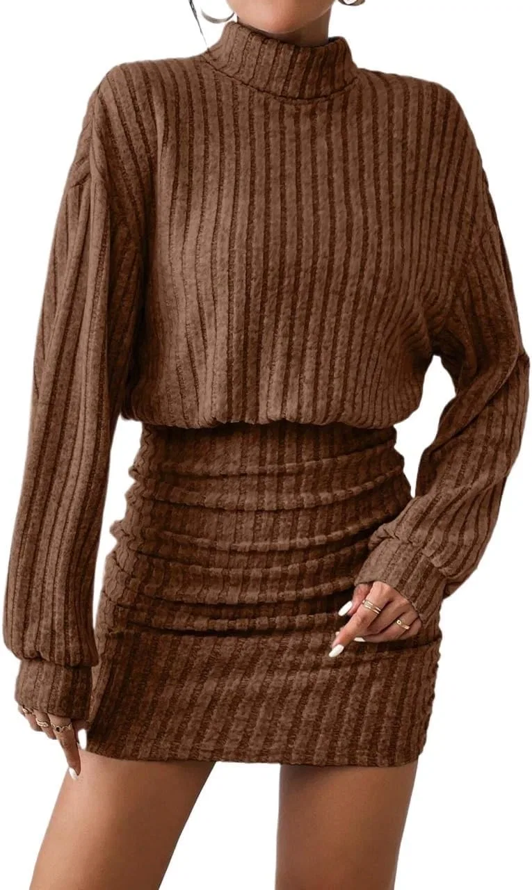 Женское мини-платье bodycon с высоким воротником Drop Shoulder, Brown