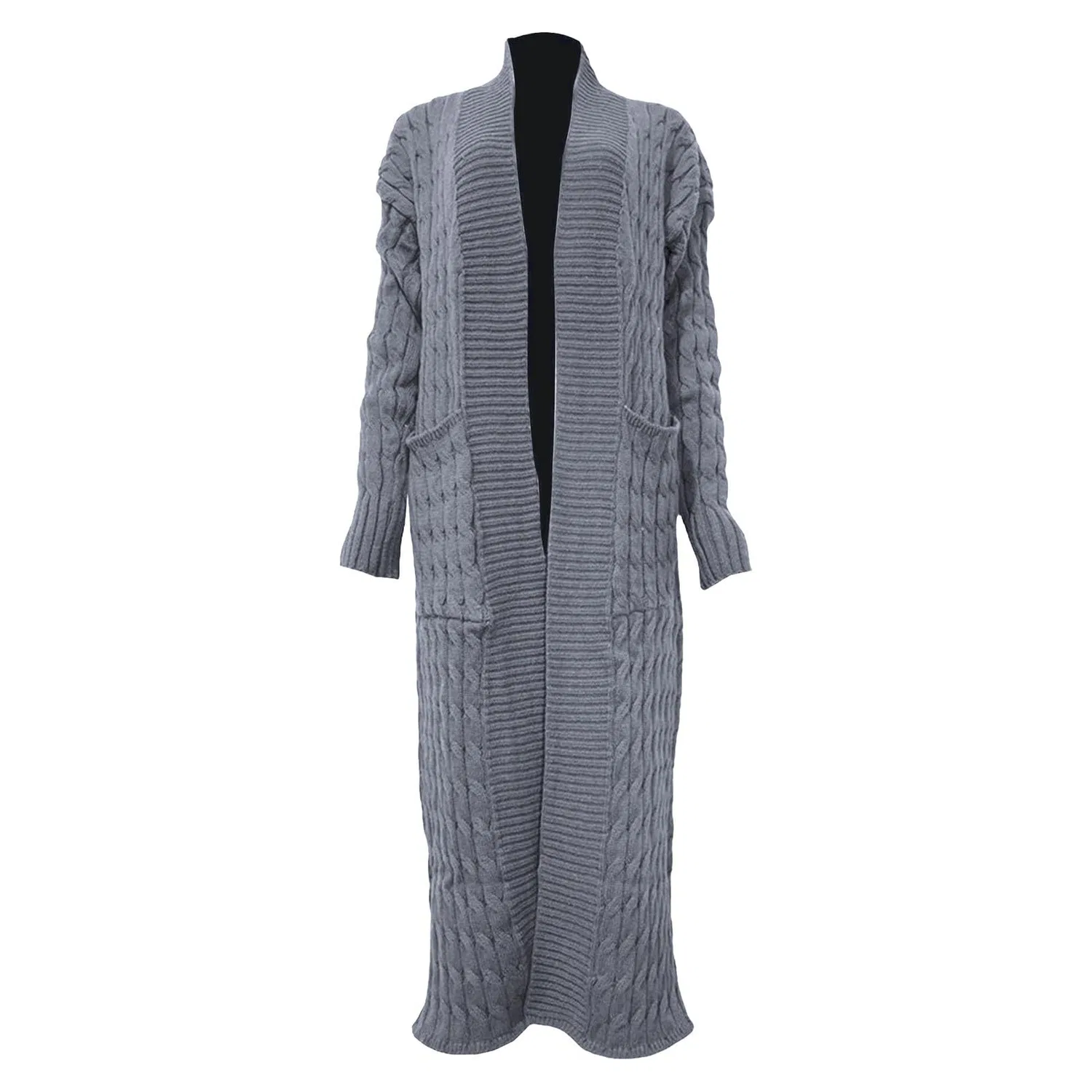 Женский удлиненный кардиган крупной вязки с карманами Plian Elegant Open Front Coat, Grigio — фото 4