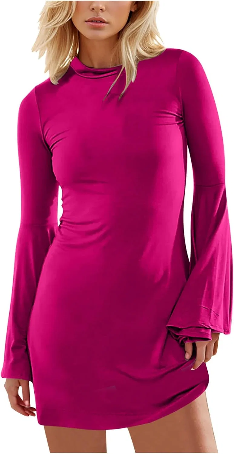 Женское повседневное платье с длинным рукавом, мини, Hot Pink