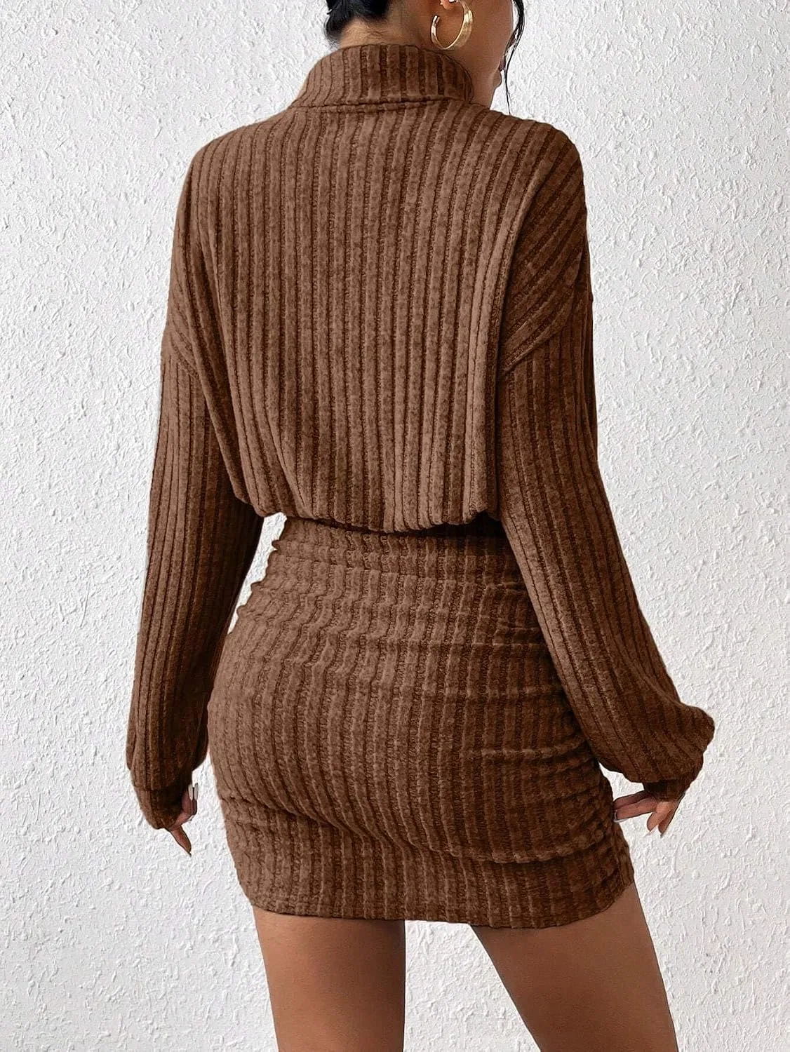 Женское облегающее мини-платье с длинным рукавом Drop Shoulder, Brown — фото 2