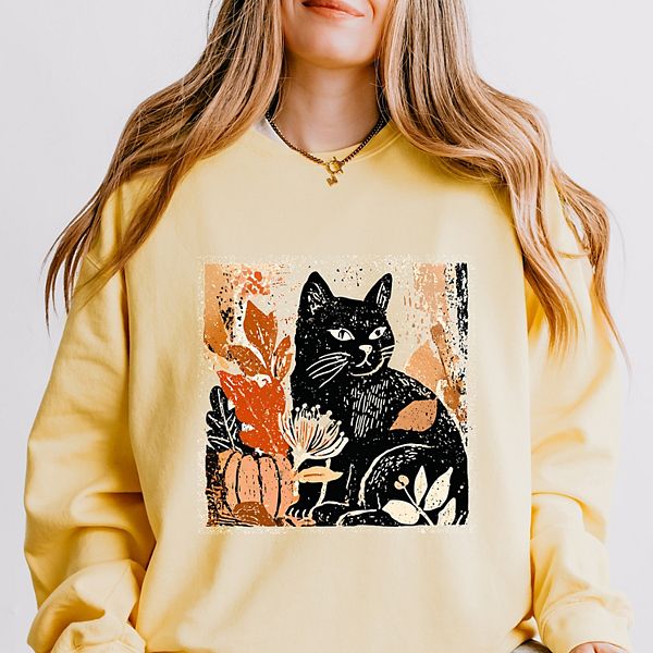 

Черный кот с осенними листьями дистресс - женский легкий свитшот garment dyed Simply Sage Market, Butter