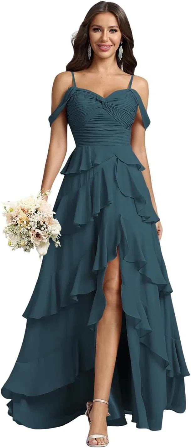 Женское вечернее платье с воланами из шифона, Off Shoulder, Teal