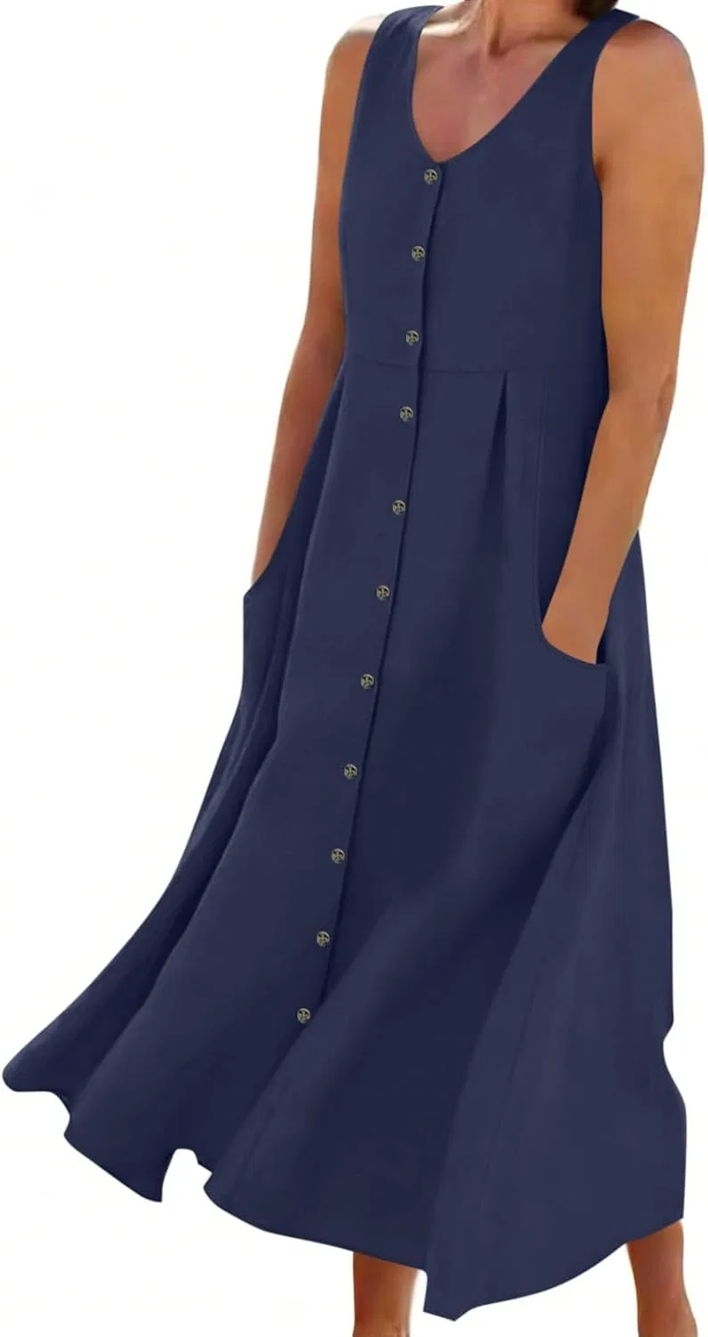 Женское летнее платье-миди с пуговицами Linen Dress, Navy