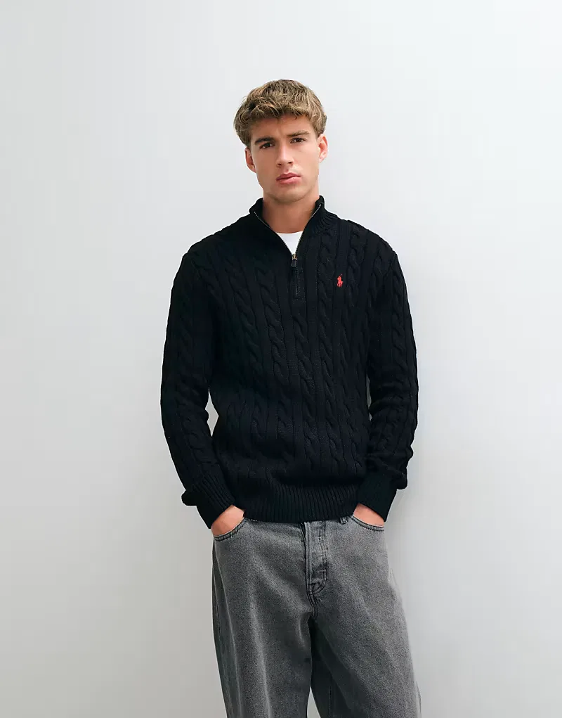 Хлопковая толстовка Polo Ralph Lauren с логотипом Icon и косами, застежка-молния до середины груди, черный — фото 4