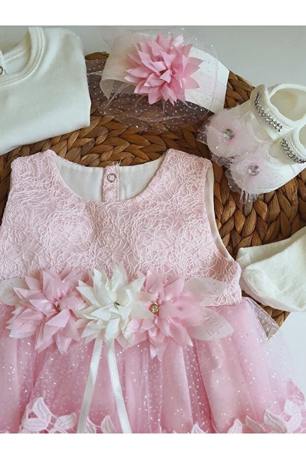 Детский комплект для девочек кружевной Mevlüt Dress Pileki Baby, Pink — фото 3