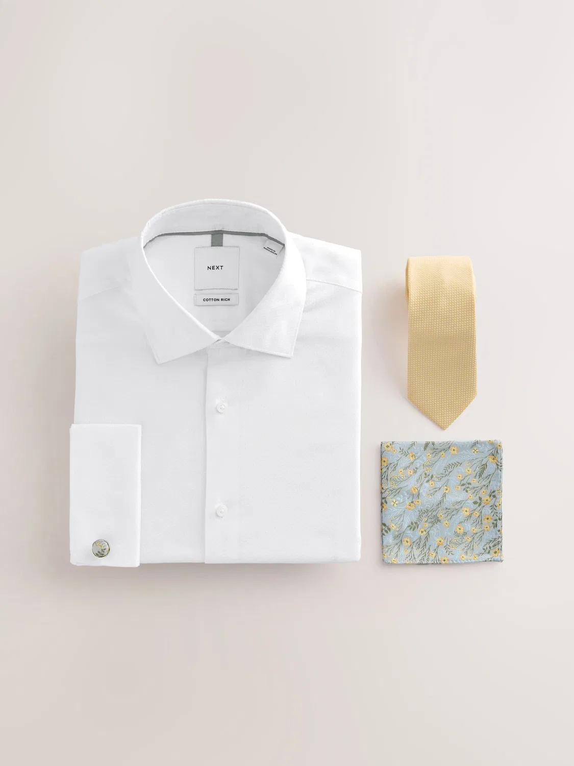 Сорочка с галстуком и платком в кармашек, Slim Fit, Occasion Set Next, белый/желтый