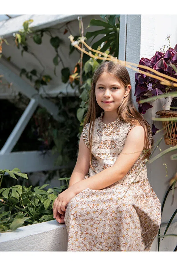 Детское платье для девочек с принтом Sezen dress - daisy Kokori Kids, Papayta Patterned Brown On Ecru — фото 2