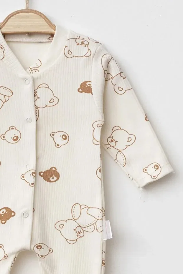 Детский комбинезон с принтом Unisex baby teddy bear themed themed jumpsuit with snap fasteners booties newborn baby outfit 0-3-6 months Enia Baby, Ecru — фото 2