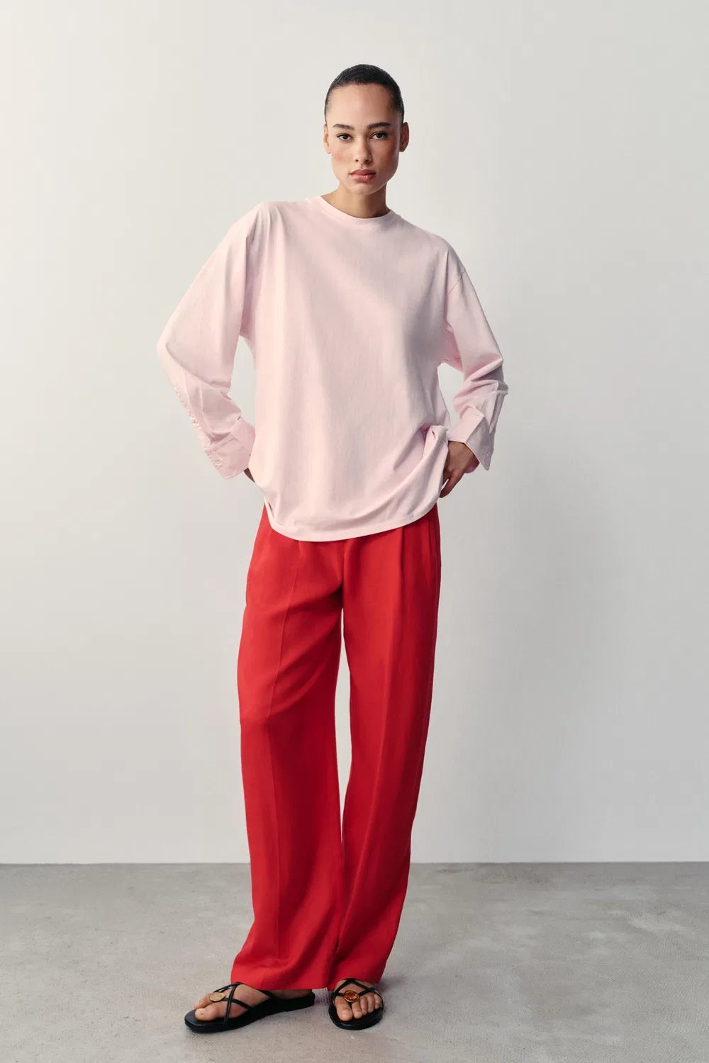 Контрастная футболка с длинными рукавами ZARA, Pink — фото 3