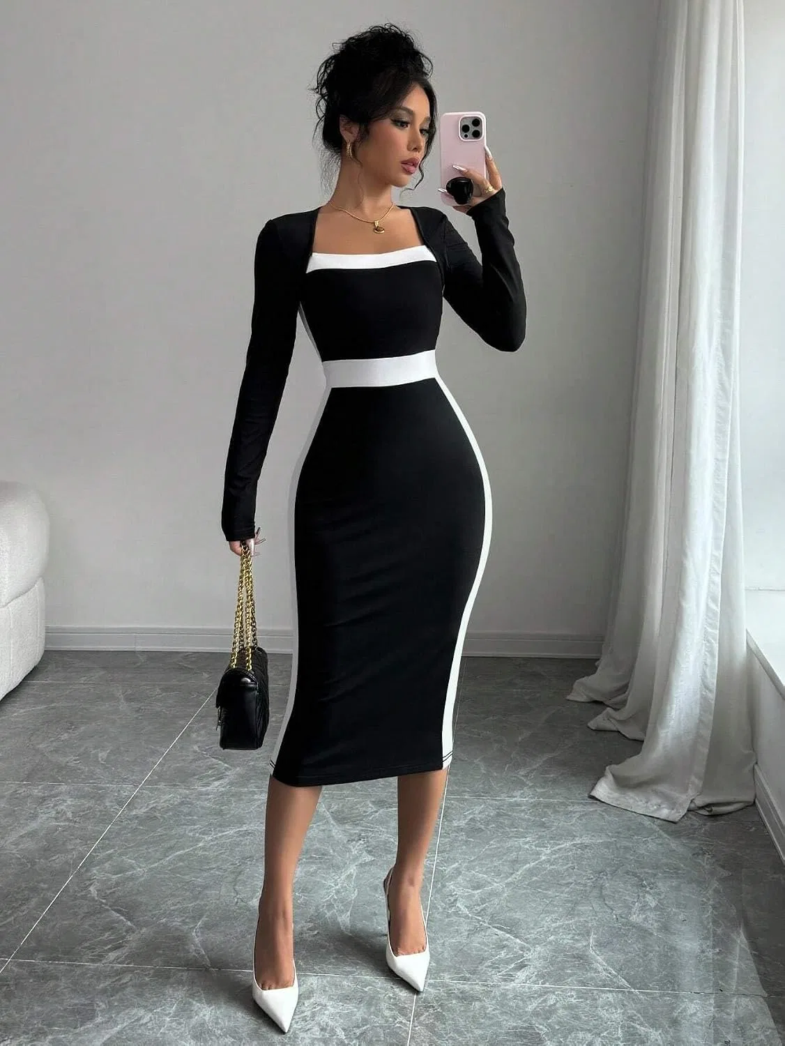 Женское длинное платье с квадратным вырезом Bodycon, Black/White — фото 2