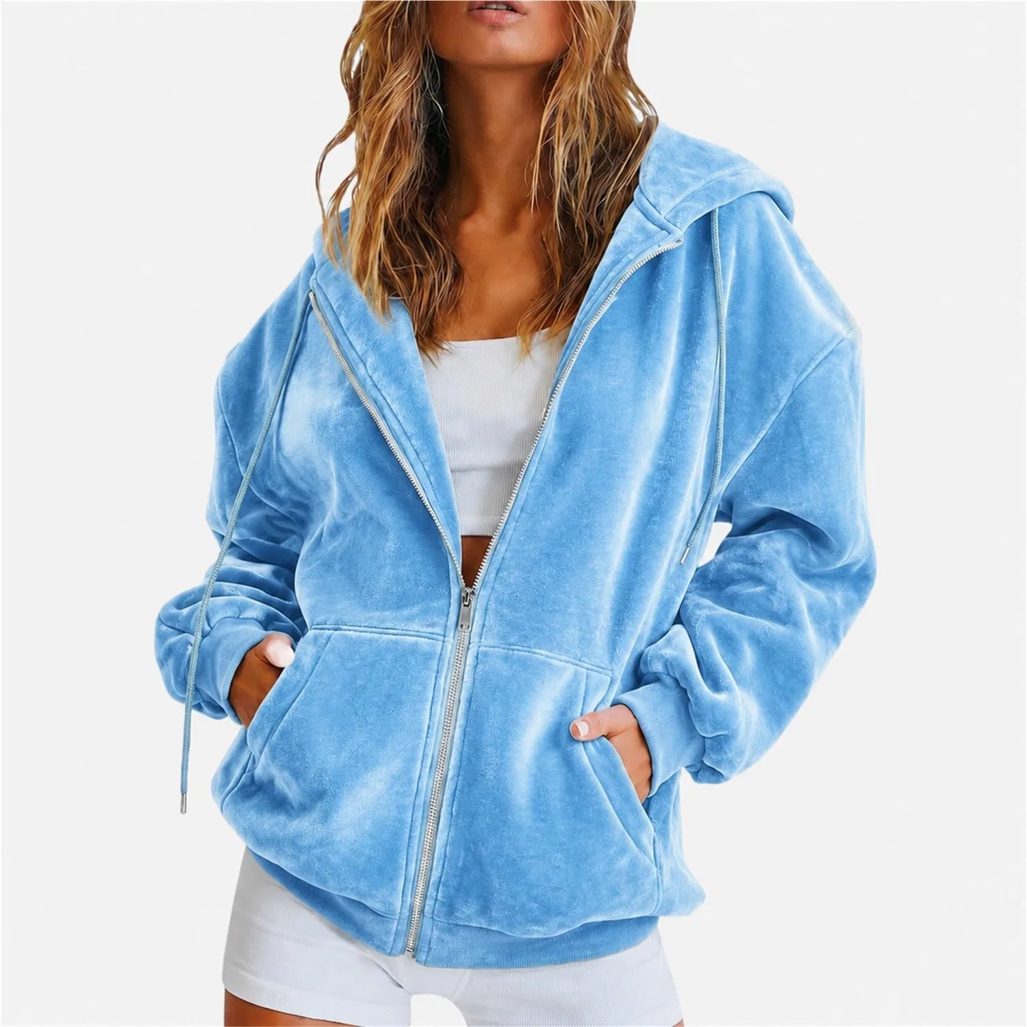 Женская куртка из флиса с капюшоном, свободного кроя, с длинным рукавом, Light Blue — фото 2
