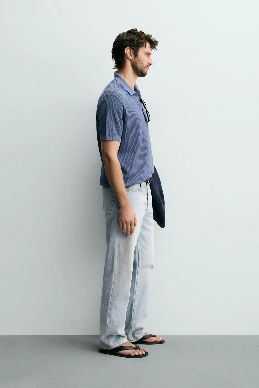 Текстурированная трикотажная рубашка-поло стандартного кроя ZARA, Faded sky blue — фото 4