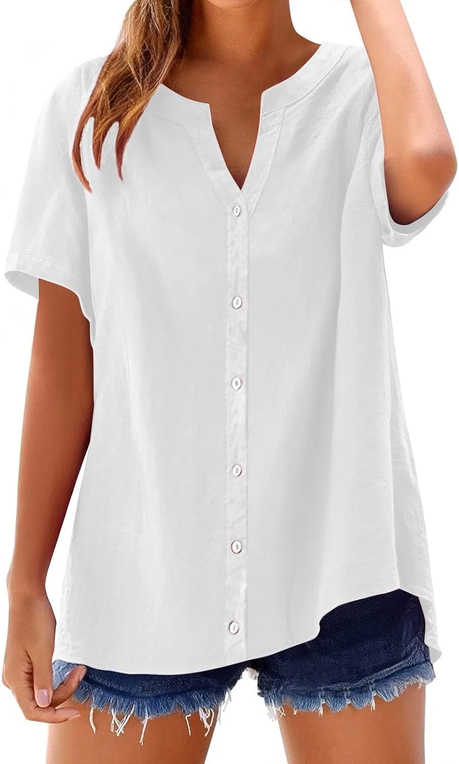 Блуза свободного кроя, хлопок и лен, Loose Button Shirt Top, белый