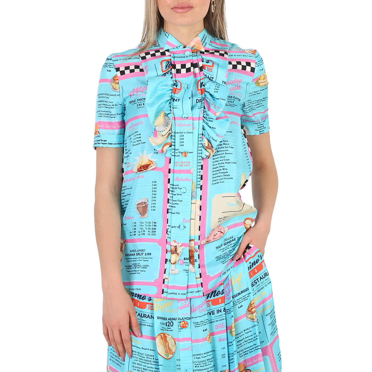 

Moschino Блузка из шелка с коротким рукавом и принтом в виде меню, мультиколор