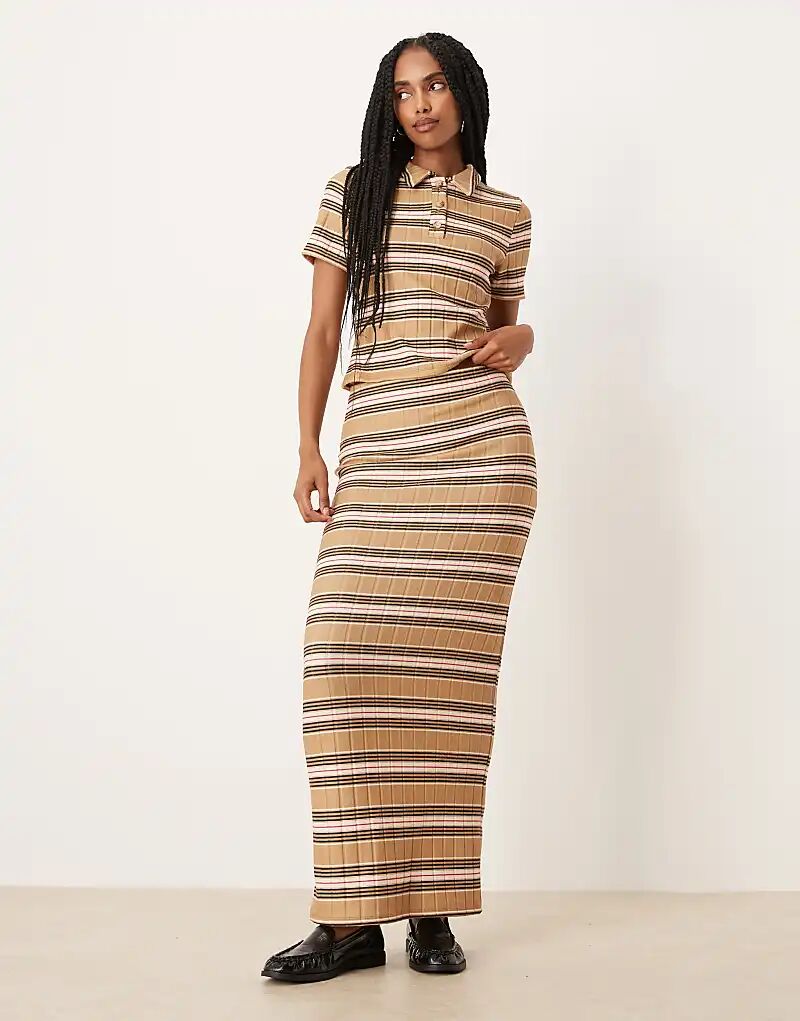 

Длинная юбка ASOS DESIGN из трикотажного полотна с начесом в розовую и серо-коричневую полоску — часть комплекта