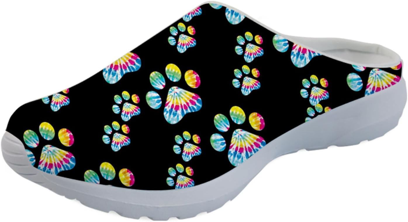 

Женские слипоны-мюли Forchrinse Black Bat Cobweb, мужские садовые сабо, сетчатые прогулочные туфли для повседневной носки, работы и спортзала, Colorful Tie Dye Dog Paw