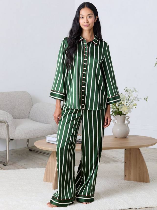 

Полосатый сатиновый пижамный комплект с пуговицами Chelsea Peers, Khaki