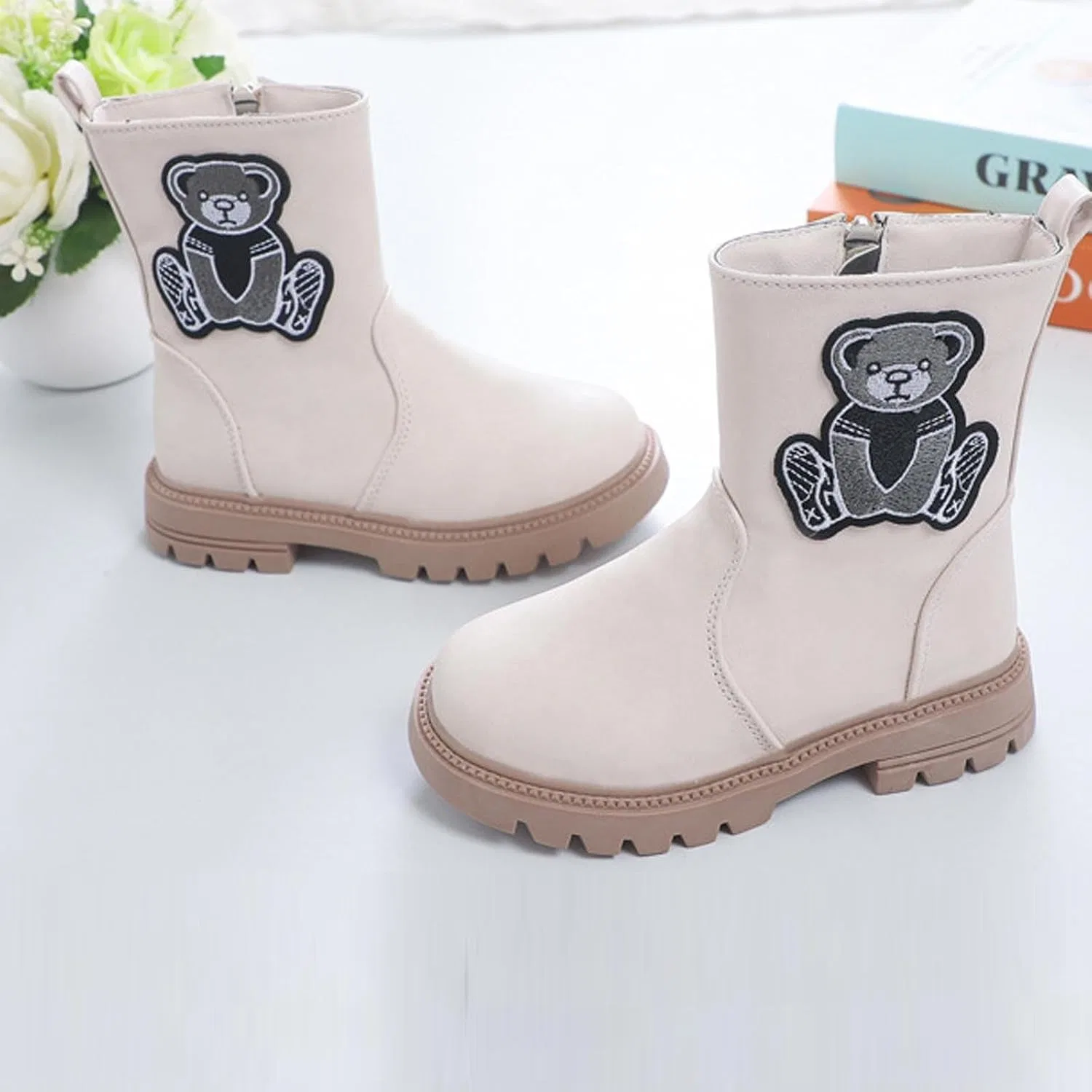 Детские сапоги для девочек с принтом медведя Mid Calf Cute Bear Zzalalana, Beige — фото 2