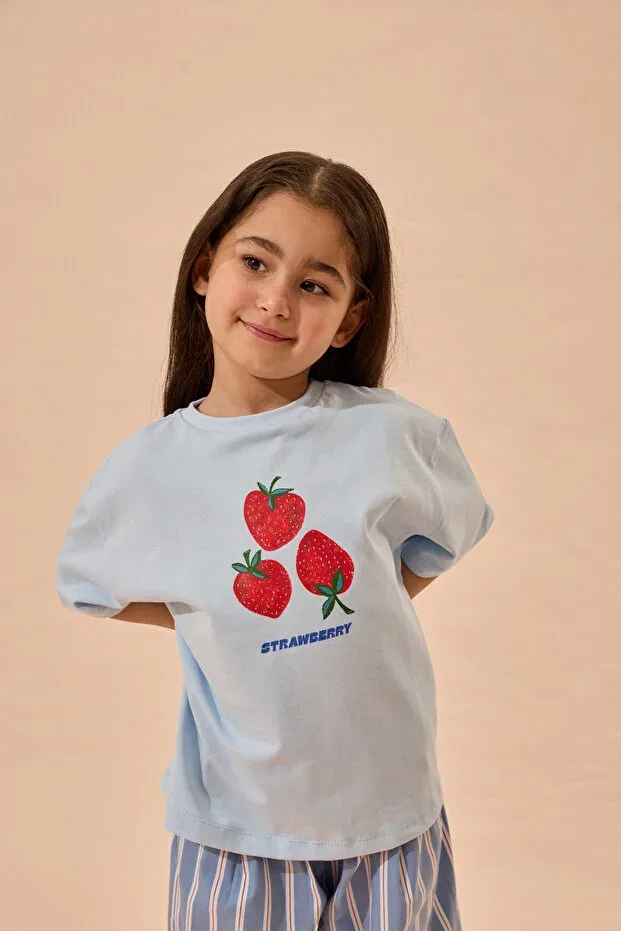Детская футболка с принтом Strawberry Print Oversize Cotton T-Shirt Fahhar Kids, Blue