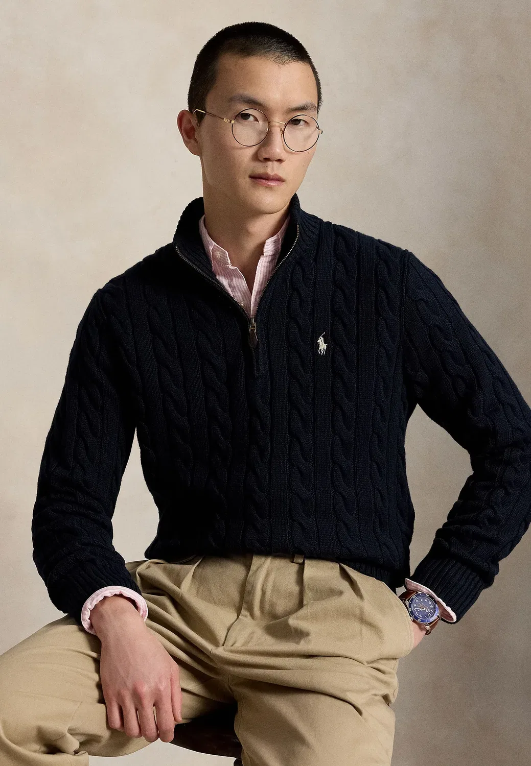 Хлопковый свитер крупной вязки с застежкой-молнией на четверть длины Polo Ralph Lauren, Hunter Navy W/ C8135 Pp — фото 4
