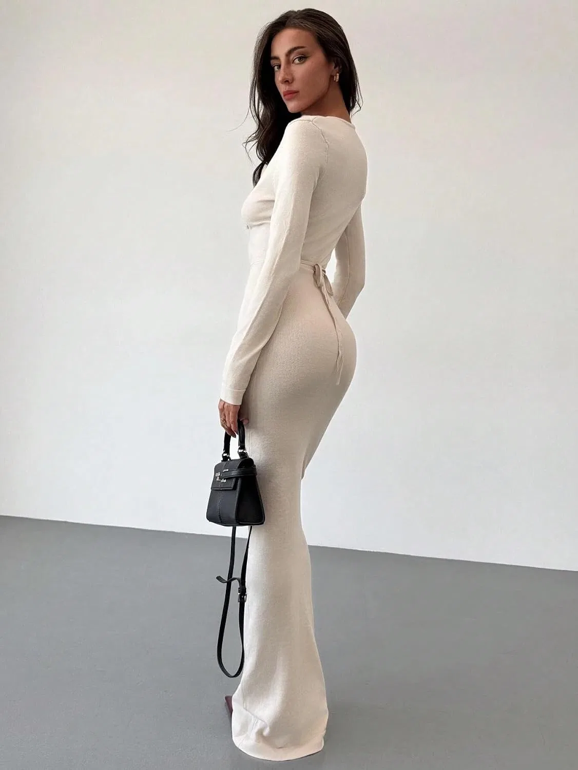 Женское длинное платье макси с V-образным вырезом, Apricot — фото 2