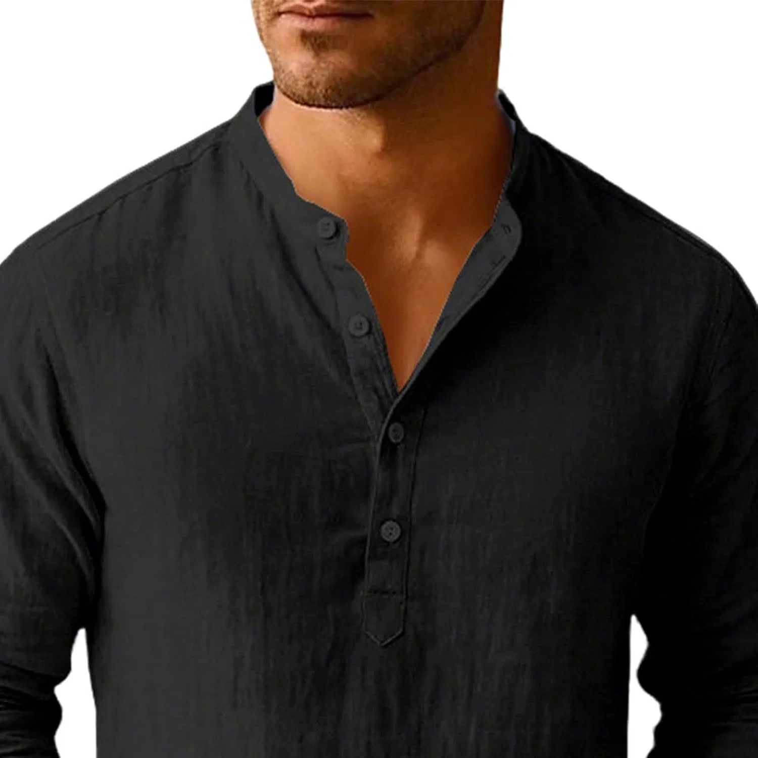 Мужская хлопковая футболка с длинным рукавом Henley, Black — фото 4